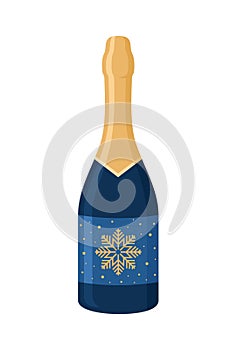 Festive blue and gold champagne or sparkling wine bottle with snowflake on label isolated on white background