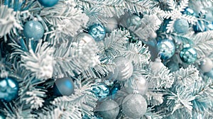 Festive Blue and Silver Christmas Baubles on a Snowy Tree