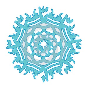 Festive blue snowflake lie on white background. Cut out of paper