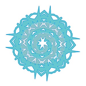 Festive blue snowflake lie on white. Cut out of paper