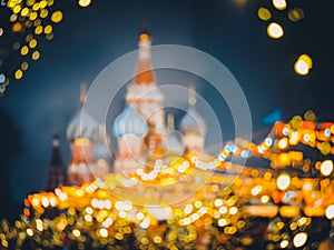 Festive blurred background of St. Basil`s Cathedral or Cathedral of Vasily the Blessed or Cathedral of the Intercession