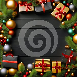 Festive border of pine branches and colorful Christmas ornaments and gift boxes around a black wooden background with copy space