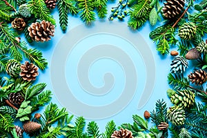 Festive Border of Pine Cones and Evergreen Branches on Blue Background, Perfect for Holiday Invitations, Seasonal Crafts, and