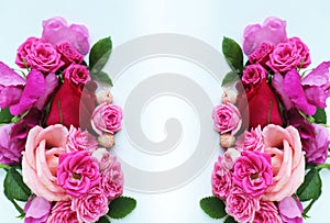 A festive bouquet with pink roses on a white background. Delicate floral arrangement.