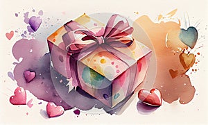 Festive box with a gift, with a beautiful ribbon and hearts on a light background, Watercolor painting, generative AI