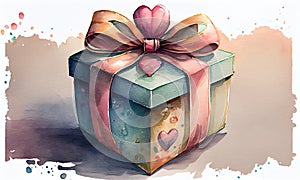 Festive box with a gift, with a beautiful ribbon and hearts on a light background, Watercolor painting, generative AI