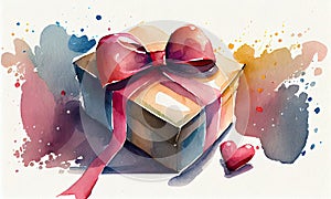 Festive box with a gift, with a beautiful ribbon and hearts on a light background, Watercolor painting, generative AI