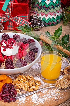Festive Breakfast Cereal with Fruit and Yogurt.