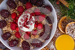 Festive Breakfast Cereal with Fruit and Yogurt.