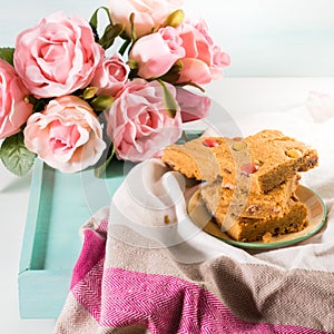 Festive breakfast flowers peanut butter bownies on pastel