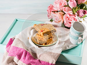 Festive breakfast flowers peanut butter bownies on pastel