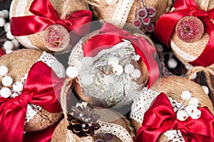 Festive bright balls, decoration for the Christmas tree. The concept of the winter holidays