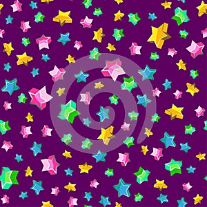 Festive bright seamless pattern 3d stars on purple background. Confetti of shiny colorful stars on contrasting background. Vector