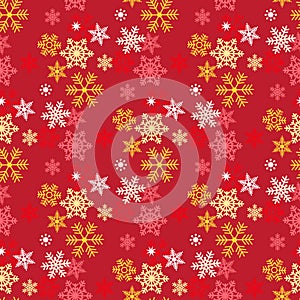 Festive bright seamless pattern of gold, silver and red snowflakes on a Burgundy background, vector for Christmas and new year