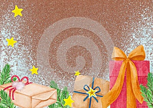 Festive brown craft paper background with space for text, gift boxes painted in watercolor