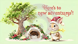Festive Bunny by the Burrow - New Year Greeting Card in a Snowy Christmas Scene photo