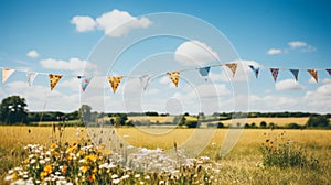 Festive bunting swaying in summer breeze against clear blue sky backdrop photo