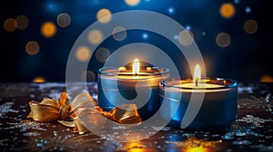 Festive burning candles with ribbons on a blue background with bokeh. Concept of Christmas and New Year holidays.
