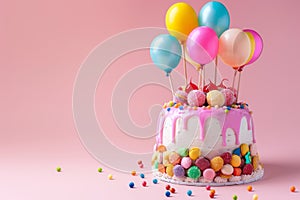 Festive cake with balloons and colorful sprinkles on pink background.