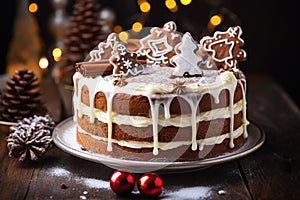 Festive cake: gingerbread houses and winter joy.