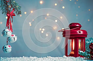 Festive candle light lantern and holiday copy space background