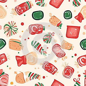 A festive candy box pattern with sweet treats and lucky red wrappers