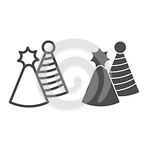 Festive caps line and solid icon. Two party hats with stripes and stars. Happy birthday vector design concept, outline