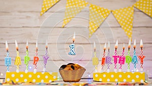Festive card Happy Birthday with number of burning candles 1