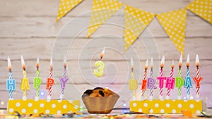 Festive card Happy Birthday with number of burning candles 3