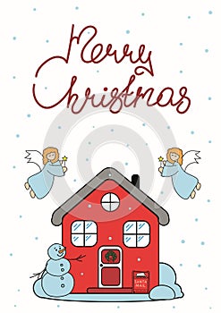 Festive card with a red house and two angels with the inscription Merry Christmas