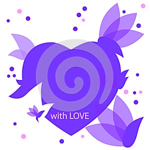 Festive card with romantic text - with LOVE. Background Heart with flowers of magnolia, lilac and blue colors. Vector illustration