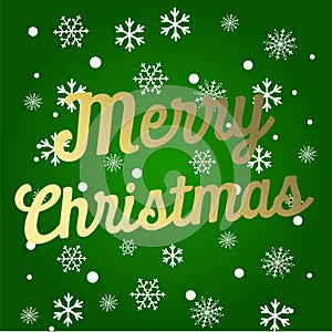 Festive card with sparkle calligraphic lettering Merry Christmas on green background with christmas tree branches. Vector