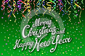 Festive card with sparkle calligraphic lettering Merry Christmas and Happy New Year on green background with decoration on colorfu