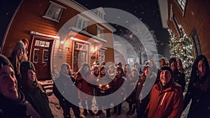 Festive Carolers Singing in Snowy Night