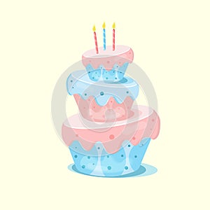 Festive cartoon blue and pink cake with a candle