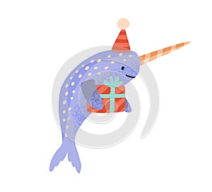 Festive cartoon narwhal with gift box tied by ribbon vector flat illustration. Celebratory cute sea unicorn in cone hat