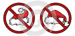 Festive cartoon Santa Claus hats as a prohibition sign. Forbid on holidays. Ban on New Years and Christmas. Vector sign