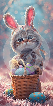 Festive cat with rabbit ears amid Easter egg splendor.