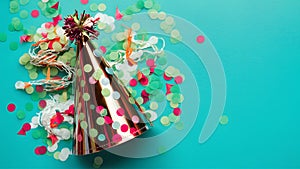 Festive celebration party hat, confetti on vibrant backdrop, joyous