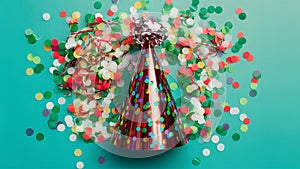 Festive celebration party hat, confetti on vibrant backdrop, joyous