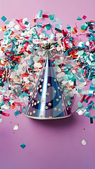 Festive celebration party hat, confetti on vibrant backdrop, joyous