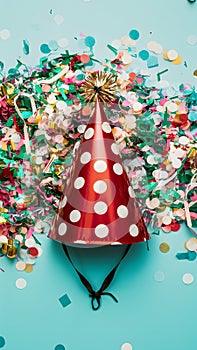 Festive celebration party hat, confetti on vibrant backdrop, joyous