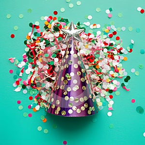 Festive celebration party hat, confetti on vibrant backdrop, joyous