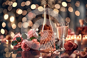 Festive champagne celebration with roses, perfect for romantic occasions