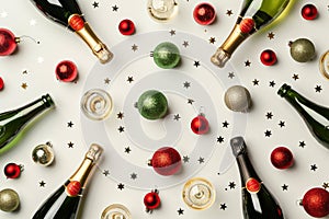Festive Champagne Celebrations with Christmas Ornaments and Sparkling Decor