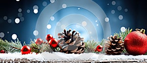 Festive Charm Christmas - Banner of Red Ornament, Pine-Cones, and Branches on Snowy Wooden Table with Blue Bokeh Background.