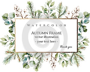 Festive and cheerful Christmas card border template. Winter holiday frame with pine branches, greenery, isolated