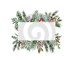 Festive and cheerful Christmas card border template. Winter holiday frame with pine branches, greenery, red berries, isolated