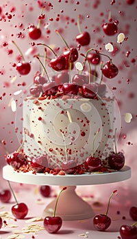 Festive Cherry Adorned Celebration Cake with Floating Ingredients on Pink Background Perfect for Birthday or Anniversary