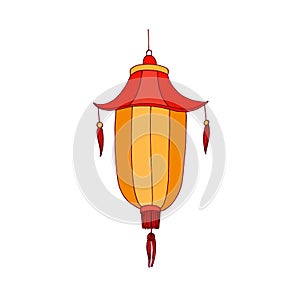 Festive Chinese street lantern with fringe, hanging on chord. Oriental traditional decorative collapsible paper light in